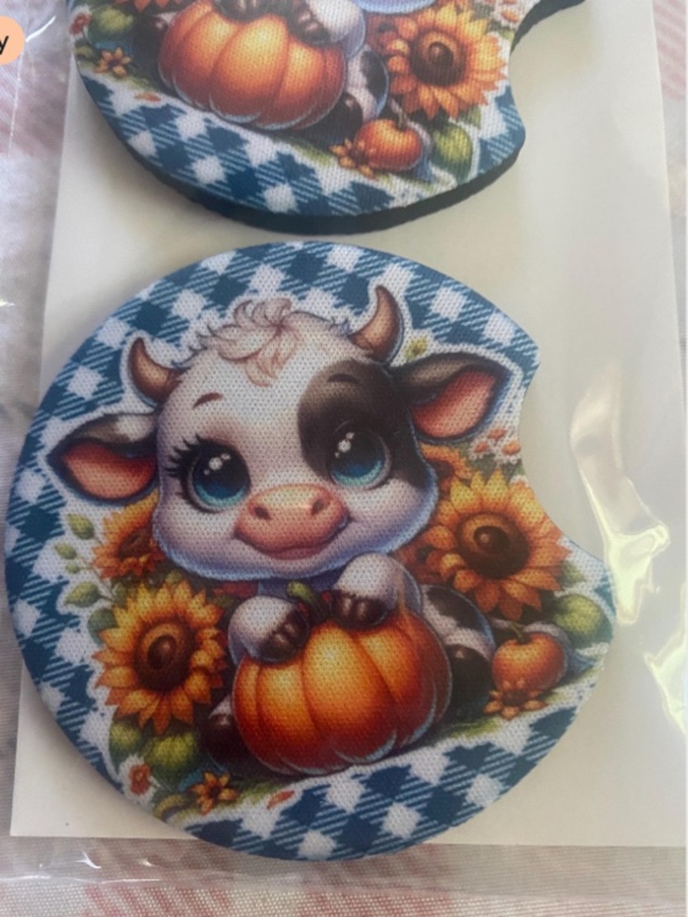 Cute Cow Pumpkin unscented neoprene Car Coaster - Blue Check Fall Design